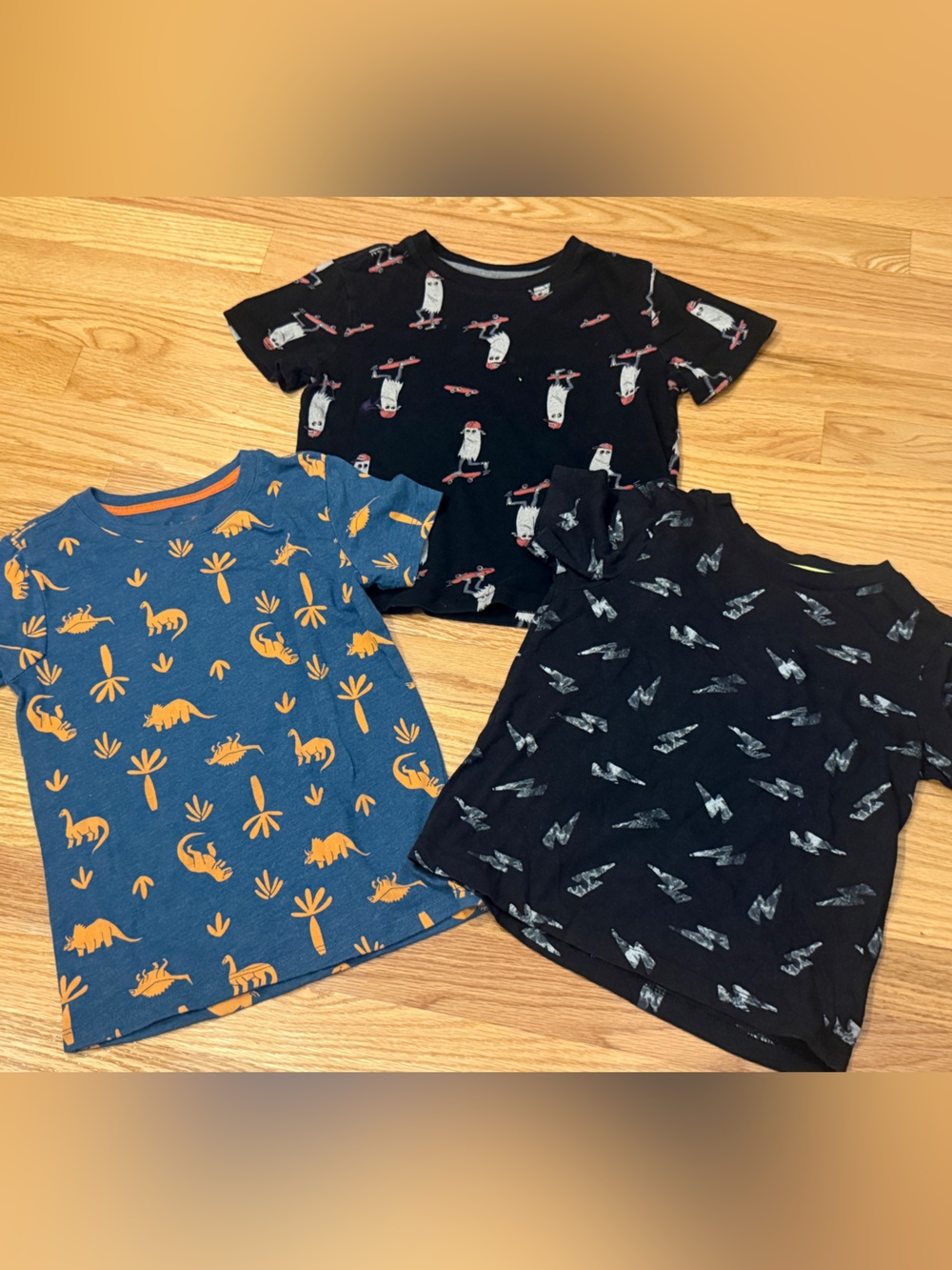 Graphic Pattern T-shirts: Dinosaur & Palm, Ghost on Skateboard, Lightning Bolts